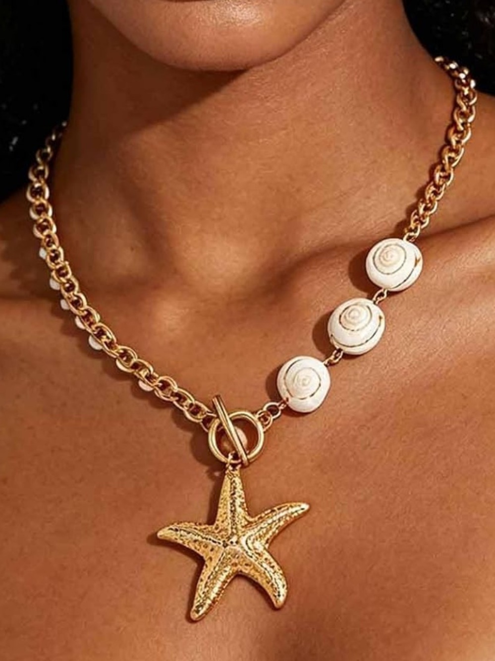 Zara Gold Starfish Pendant Necklace with White Shell Beads - Women Jewelry